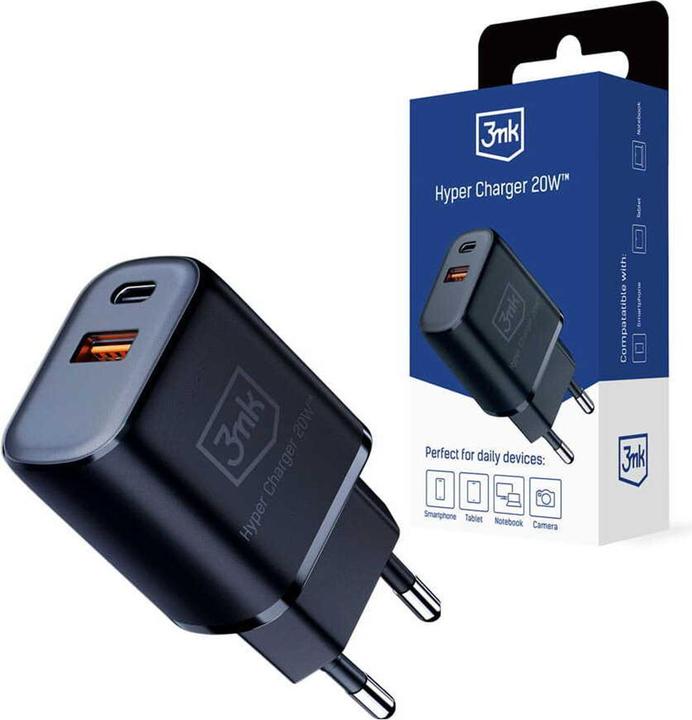 Actual product image 3MK HyperCharger 20W 1xUSB-C + 1xUSB-A ładowarka sieciowa PD/QC czarna/black (20 W, 2 ports)