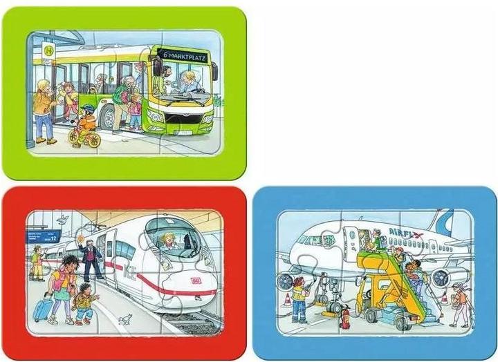 Productafbeelding Ravensburger Kinderpuzzel - 12004039 Reizen met bus, trein en vliegtuig - mijn eerste puzzel met 3x6 (18 onderdelen)