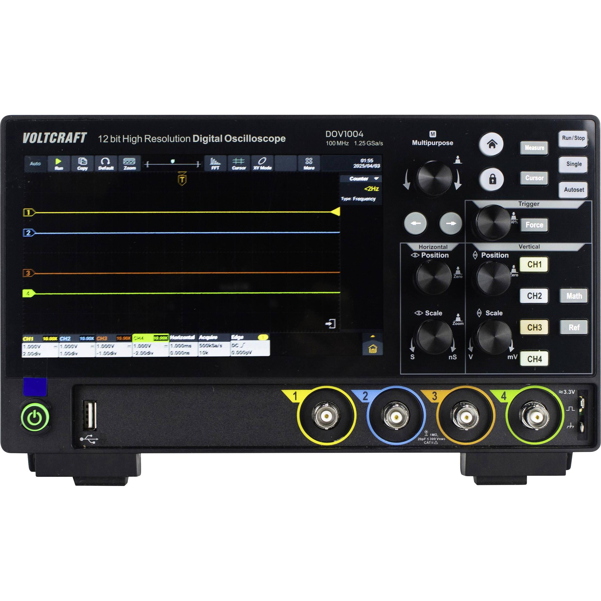 Voltcraft, Multimetro, DOV1004 Digital-Oszilloskop 100 MHz 4-Kanal 1.25 GSa/s 50 Mpts 12 Bit (CAT II)