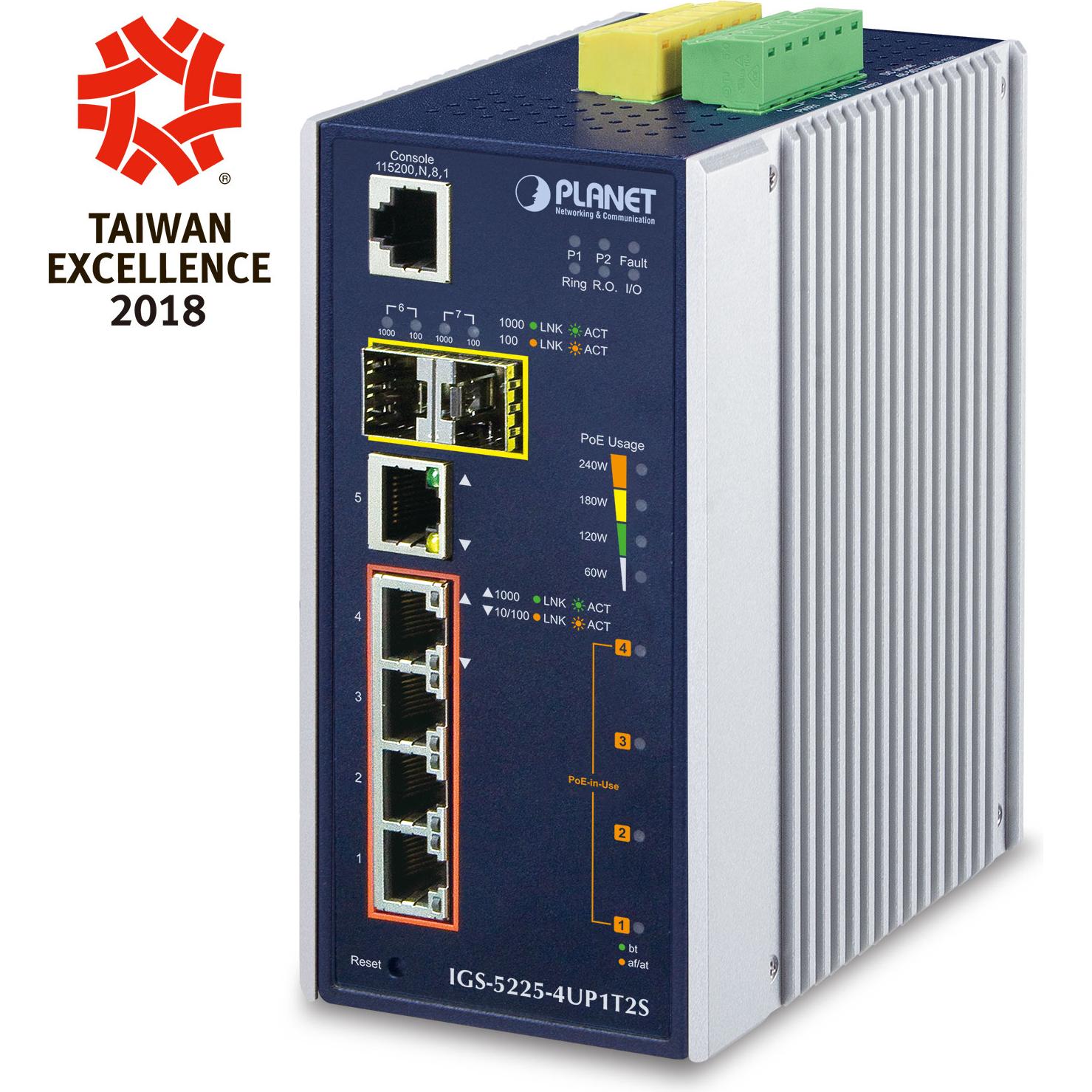 Planet Industrial L2+ 4-Port 10/100/1000T Ultra PoE + (5 Ports), Netzwerk Switch, Schwarz