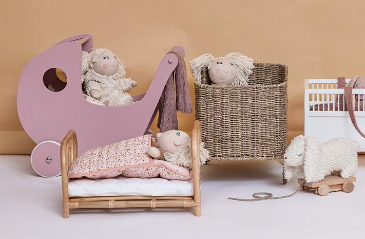 Smallstuff - Sleeping bag for doll, with pillow, birds and hearts (73100-02)