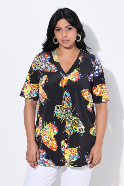 Image du produit Ulla Popken T-shirt au tombé fluide, décolleté en V et manches courtes, motif papillons (58)