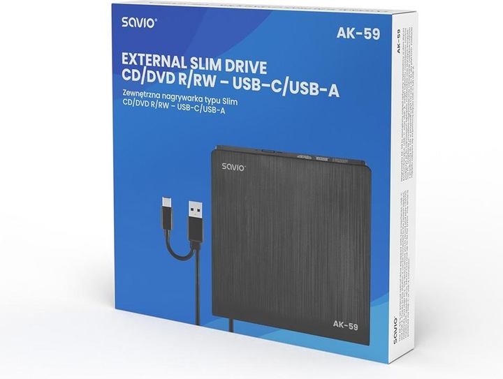 Produktbild Savio AK-59 Externer schlanker CD/DVD-Recorder R/RW - USB-C/USB-A, juodas (CD Brenner, DVD Brenner)
