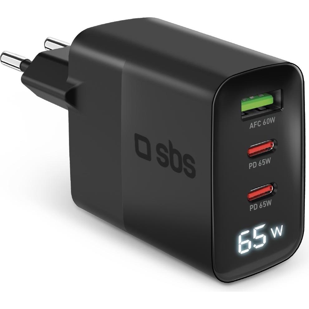 SBS 65-Watt-Ladegerät mit LCD-Display, 2 USB-C-Ausgängen für die Stromversorgung und 1 USB-A-Ausgang für (65 W), USB Lad...