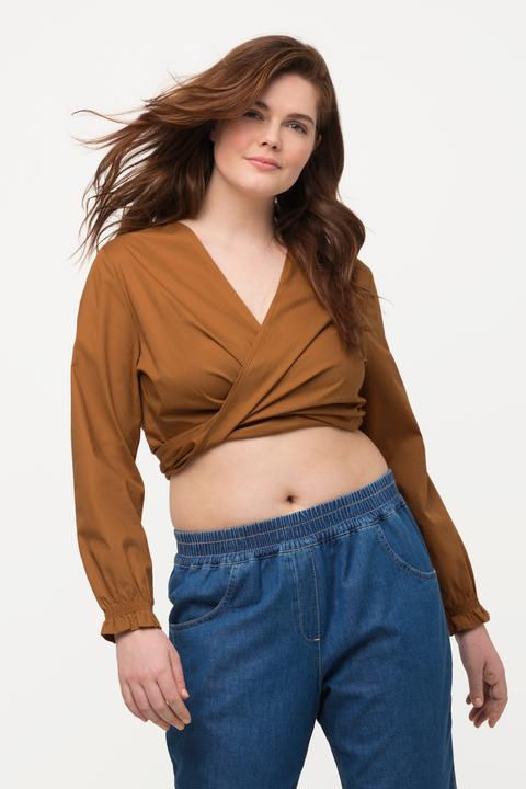 Immagine prodotto Ulla Popken Blusa corta da incrociare in cotone biologico con scollo a V e maniche lunghe (46, 48)