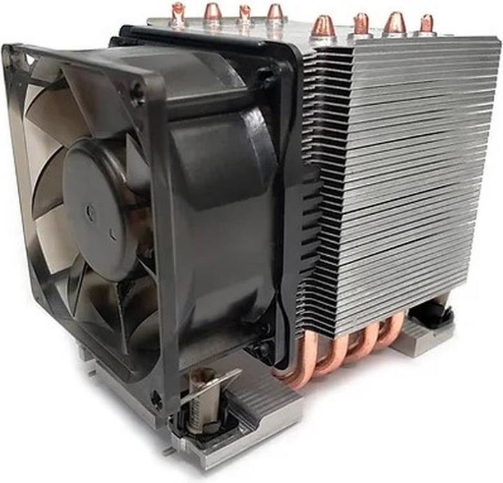 Actual product image Dynatron S6 Intel 4677 3U active aluminium heat sink with cooling fins and heat pipes in contact (91 mm)