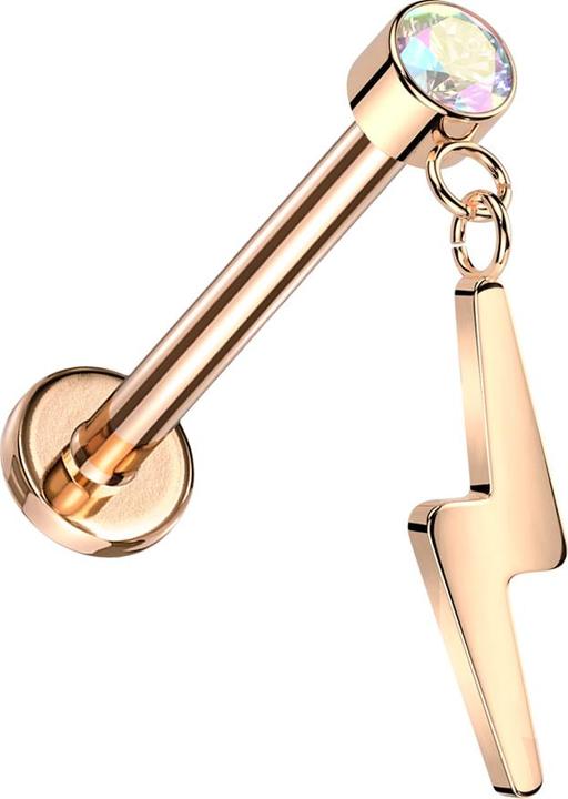 Image du produit Star Piercing Micro Threadless Labret or rose Cylindre or rose Cristal multicolore Pendentif Eclair or rose (sans laiton, Titane)