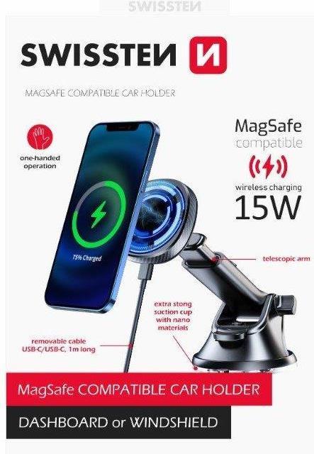 Produktbild Swissten MAGNETIC CAR HOLDER WITH Wireless CHARGER 15W DASHBOARD (MagSafe compatible) (15 W)