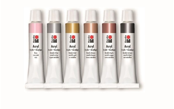 Produktbild Marabu Acrylfarbe Shiny Clas (Metallic-Gold, Metallic-Bronze, Metallic-Kupfer, Metallic-Schwarz, Metallic-silber, Metallic-Rosé, 72 ml)