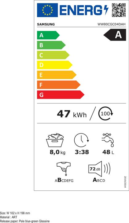 Energie-Label Samsung WW80CGC04DAHET Crystal Clean 8 Waschmaschine (8 kg, Links)