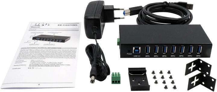 Produktbild Exsys 7 Port USB 3.2 Gen 1 HUB Metall-Gehäuse, inkl Netzteil 12V/3A, USB 3.0 Kabel, Di (USB-B, 7 Ports)