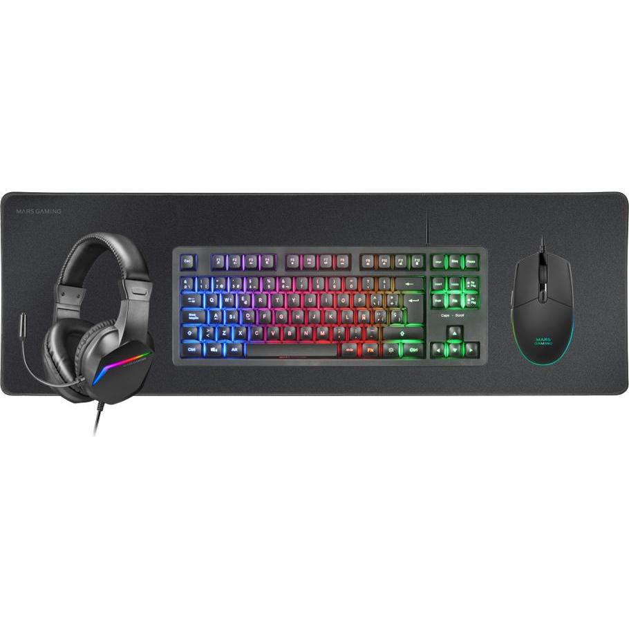 Mars Gaming PACK GAMER 4EN1 (CLAVIER/SOURIS/CASQUE/TAPIS) MCP-RGB3 (NOIR) (Francese, Cablato), Tastiera, Nero