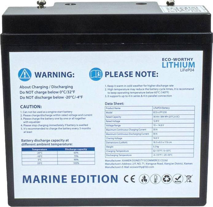 Actual product image Eco-Worthy Marine Lithium-Batterie LiFePO4 12V (12 V, 30 Ah)