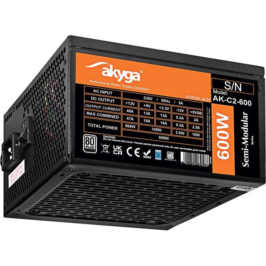 Akyga Power Supply ATX 600W AK-C2-600 Semi-Modular P4+4 2x PCI-E 6+2 pin 5x SATA 3x Molex FAN 12cm (600 W), PC Netzteil