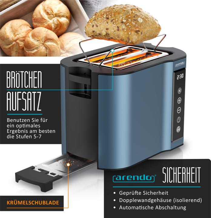 Produktbild Arendo Toaster Edelstahl 2 Scheiben Kurzschlitz, Display mit Restzeitanzeige, Brötchenaufsatz, Touchpanel