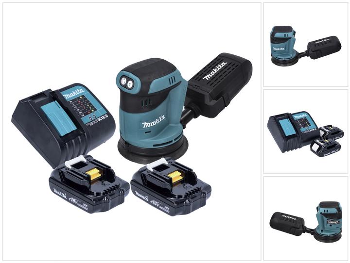 1x Makita DBO 180 Akku Exzenterschleifer, 1x Schleifpapier, 1x Staubsammelaufsatz, 2x Makita BL 1815 N Akku 18 V 1,5 Ah, 1x Makita DC 18 SD Akku Ladegerät