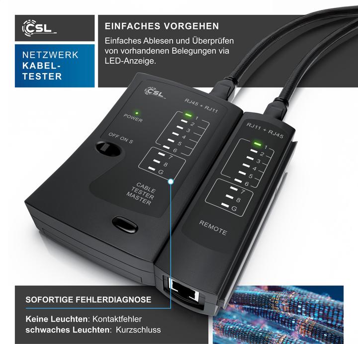 Produktbild CSL Kabeltester für RJ45 & RJ11 Kabel, Leitungen in Böden, Wänden, Decken Netzwerk-Adapter Ethernet