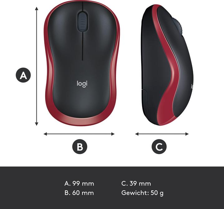 Actual product image Logitech MOUSE USB OPTICAL CORDL. M185/RED 910-002240 (Wireless)