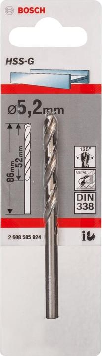 Immagine prodotto Bosch Professional Zubehör Trapano per metallo HSS-G, DIN 338, 5,2 x 52 x 86 mm, confezione da 1 pz. (5,2 mm)