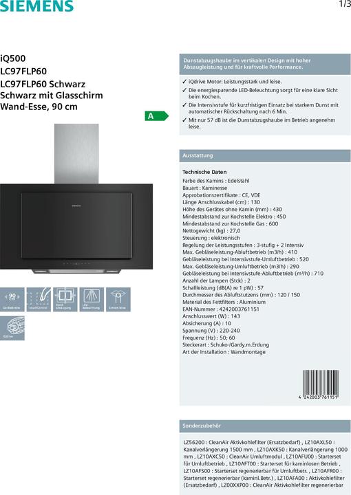 Actual product image Siemens LC97FLP60 (Wall hood)