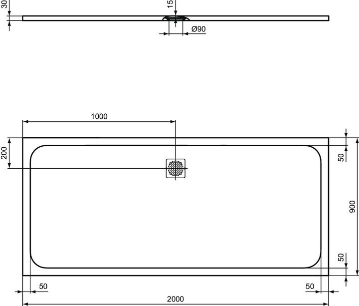 Actual product image Ideal Standard Ultra Flat S rectangular shower tray 2000x900 mm, drain centered, inner depth 15 mm
