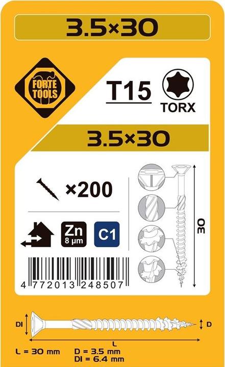 Productafbeelding Forte tools SPAANPLAAT SCR T15 3,5X30 WIT ZN(200) (200 Schroeven per stuk)