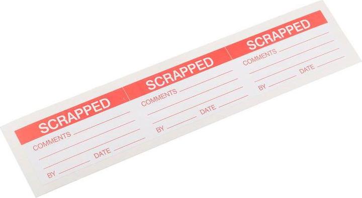 RS PRO Red pre-printed, self-adhesive label: Scrapped, 38mm x 70mm, 30 pieces