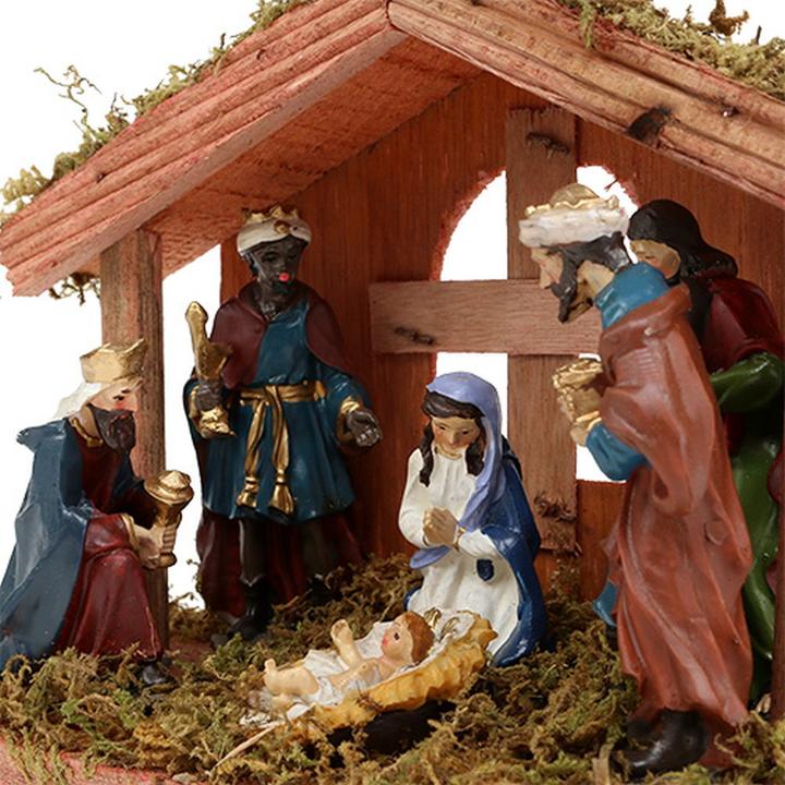 Produktbild Viana Weihnachtskrippe mit handbemalten Figuren und Moos-Basis Holz