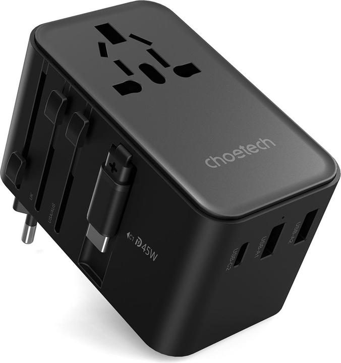 Choetech PD5021 45W EU/US/AUS/UK Travel Adapter with Built-in USB-C Cable - Black