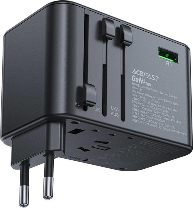 Productafbeelding Acefast Multifunctionele reiswandlader Z1, 2xUSB-A, 3xUSB-C, GaN, 67W, VS/EU/UK/AU (zwart)