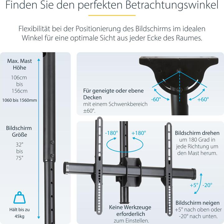 Produktbild StarTech Rücken-an-Rücken dual Deckenhalterung - für 32 bis 70 Zoll Fernseher - Stangenlä (Decke, 75")