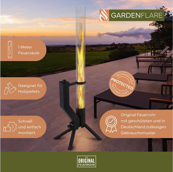 Produktbild Gardenflare Feuerrohr – elegante Edelstahl Feuersäule und Pelletfackel - schwarz (106 cm)