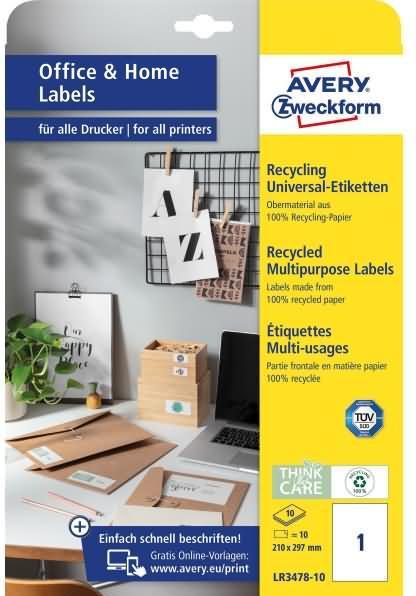 Productafbeelding Avery Universele etiketten 210 x 297 mm, 10 vel