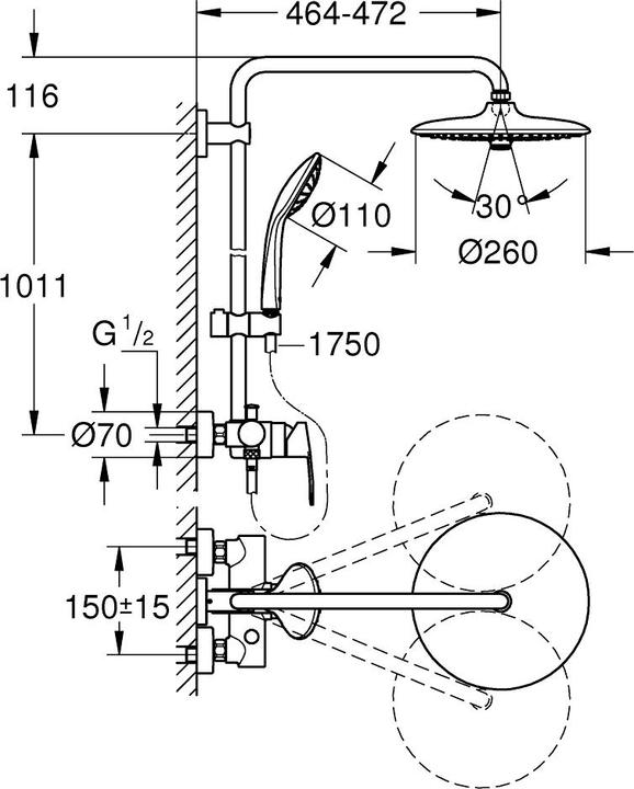 Produktbild Grohe Vitalio Joy 260 Duschsystem, mit Brausearmatur, wassersparend, 3 Strahlarten, Wandmontage, Antikalk-