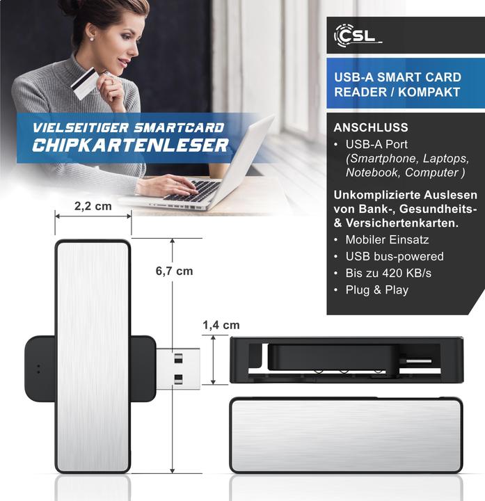 Produktbild CSL Chipkartenleser und Schreiber, USB Typ A Smart Card Reader, ISO 7816, MacOS, Win 10–11, Android (USB-C)