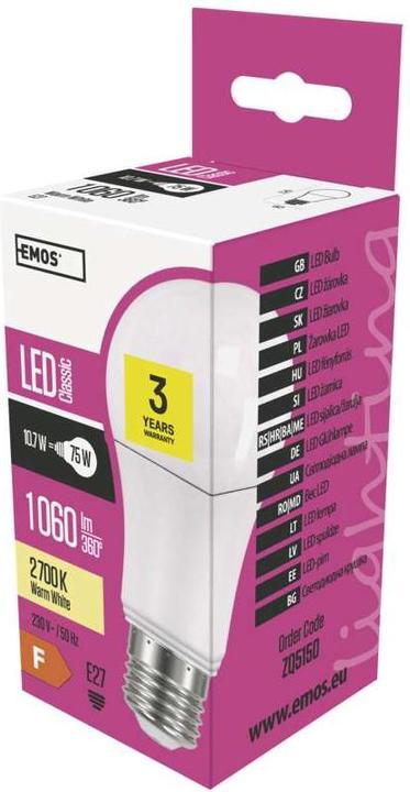Produktbild Emos LED BULB CLASSIC A60 10.5W(75W) 1060lm E27 WW (E27, 10.70 W, 1060 lm, 1 x, F)