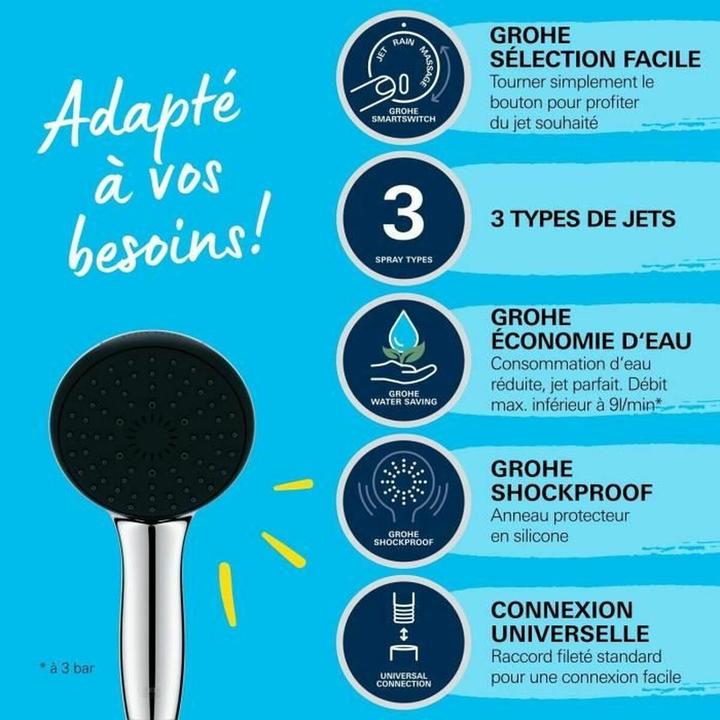 Produktbild Grohe Vitalio Start 110 QuickFix Handbrause, intelligente Strahlumstellung, wassersparend, 3 Strahlarten (3 Strahlarten, 7.40 l/min)