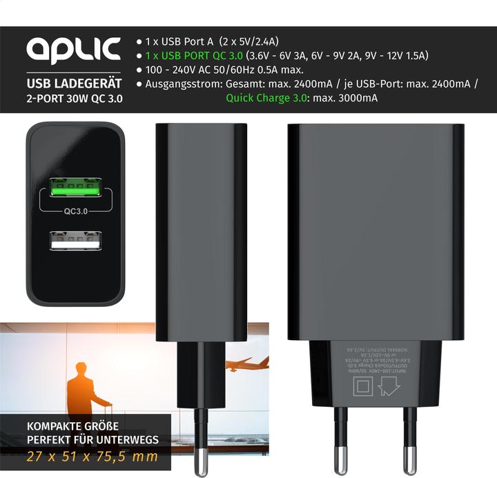 Actual product image Aplic USB charger 3000 mA, 2 port, 30W, Quick Charge 3.0 (QC 3.0) fast charging function, black (30 W)