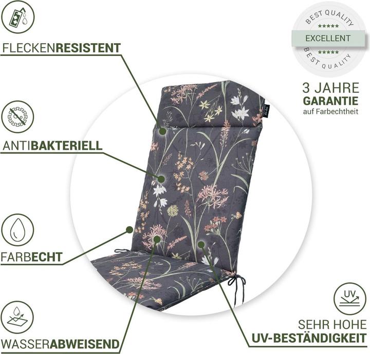 Produktbild Natura Punto 2er-Set Hochlehner-Auflage, Gartenstuhlkissen wasserabweisend, Blumenmuster anthrazit (120 x 50 cm)