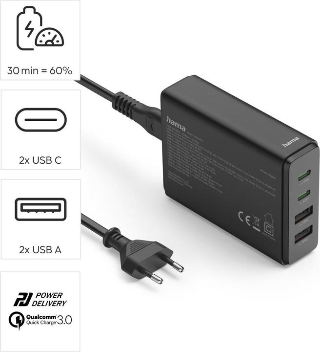 Produktbild Hama Ladestation 4 Ports, GaN, Schnellladegerät, 2xUSB-C, 2xUSB-A, PD, 65 W, SW (65 W, 4 Ports)