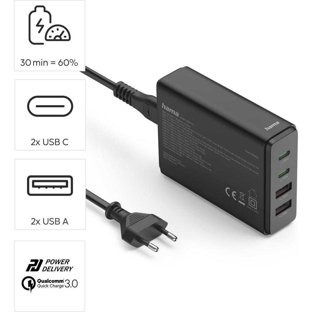 Thumbnail - Hama Ladestation 4 Ports, GaN, Schnellladegerät, 2xUSB-C, 2xUSB-A, PD, 65 W, SW (65 W), USB Ladegerät, Schwarz