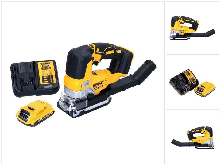 1x DeWalt DCS 334 N cordless pendulum action jigsaw, 1x dust extraction adapter (Airlock compatible), 1x saw shoe protective cover, 1x Dewalt DCB 183 18 V 2.0 Ah Li-Ion battery, 1x DeWalt DCB 113 charger