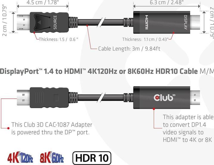 Produktbild Club 3D HDMI (Typ A) — DisplayPort (3 m)