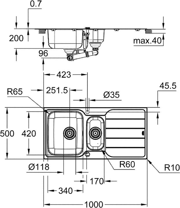 Produktbild Grohe K500 Edelstahlspüle mit Abtropffläche (Aufsatzspülbecken, 48.20 cm, 98.20 cm)