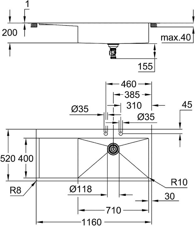 Produktbild Grohe K1000 Edelstahlspüle mit Abtropffläche (Aufsatzspülbecken, 50.50 cm, 114.50 cm)