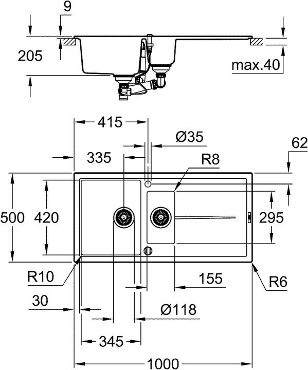Actual product image Grohe K400 composite sink with drainboard (Top-mounted sink, 50 cm, 100 cm)