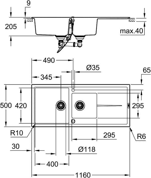 Produktbild Grohe K400 Kompositspüle mit Abtropffläche (Aufsatzspülbecken, 50 cm, 116 cm)