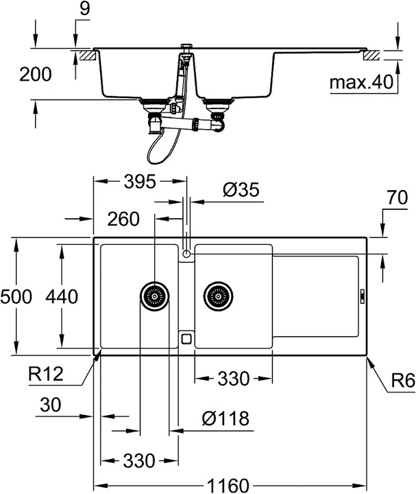 Actual product image Grohe K500 composite sink with drainboard (Top-mounted sink, 50 cm, 116 cm)