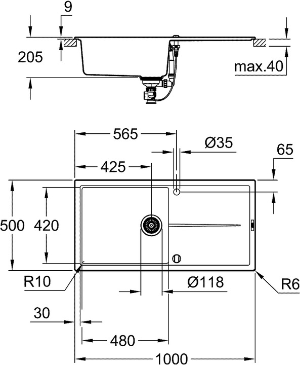 Actual product image Grohe K400 composite sink with draining board (Top-mounted sink, 50 cm, 100 cm)