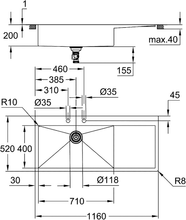 Actual product image Grohe K1000 stainless steel sink with draining board (Top-mounted sink, 52 cm, 116 cm)